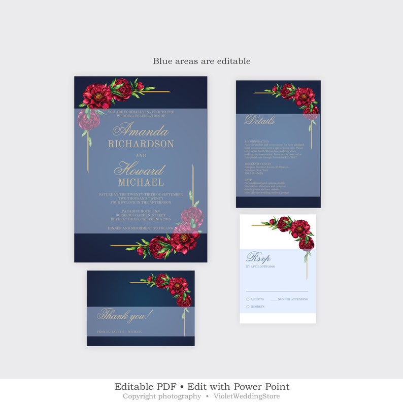 Gold Wedding INSTANT DOWNLOAD NRPS49 Red Peonies Wedding Suite Printable Navy Wedding Invitation Set Editable Floral Wedding Invitation
