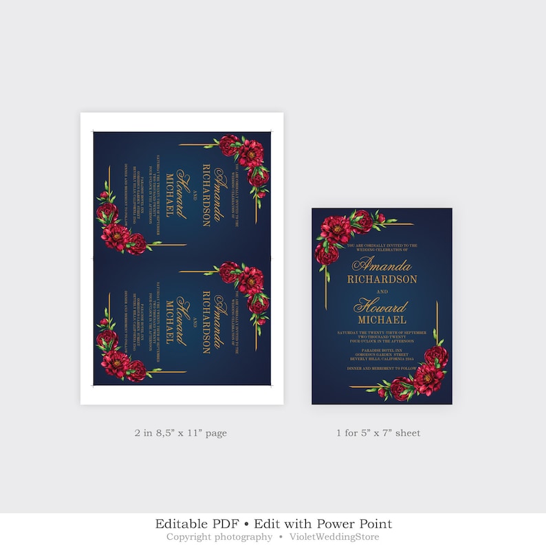 Gold Wedding INSTANT DOWNLOAD NRPS49 Red Peonies Wedding Suite Printable Navy Wedding Invitation Set Editable Floral Wedding Invitation