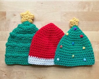 Kids Santa & Christmas Tree Hat Crochet Pattern, Festive Crochet, Chunky Crochet, Instant Download, Novelty Hat, Children's Accessories