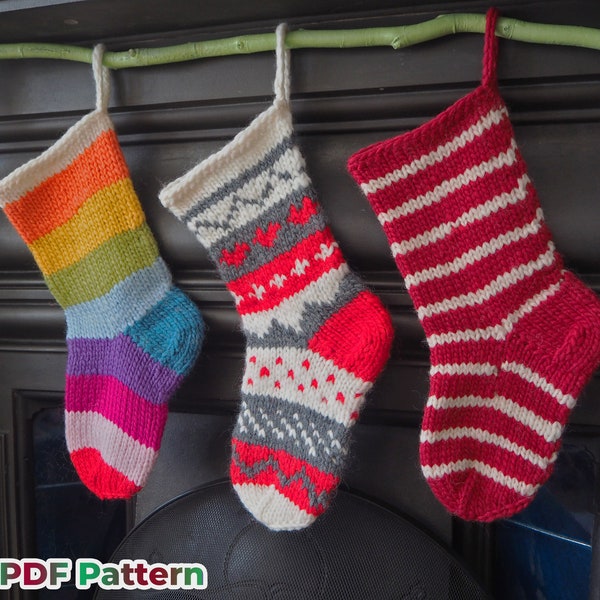 Christmas Stocking Pattern, Pdf Download, Knitting Pattern, Fair Isle, Knitted Christmas Stockings, Chunky Knit, Rainbow Knit, 3 Styles, DIY