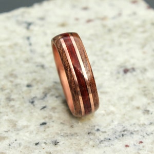 Rosewood and padouck ring on copper ring