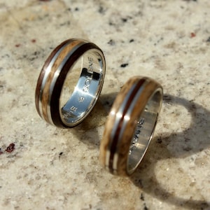 Pair of wedding rings in green ebony wood and oak on silver ring