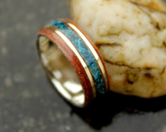 Bague acajou et turquoise sur anneau d'argent 925