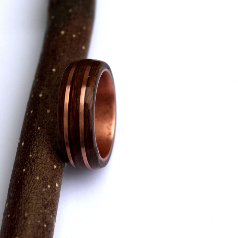 Rosewood and mahogany ring on copper ring