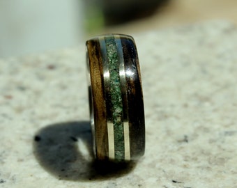 Bague bois d'ébène royal et pierre d'amazonite sur anneau d'argent 925