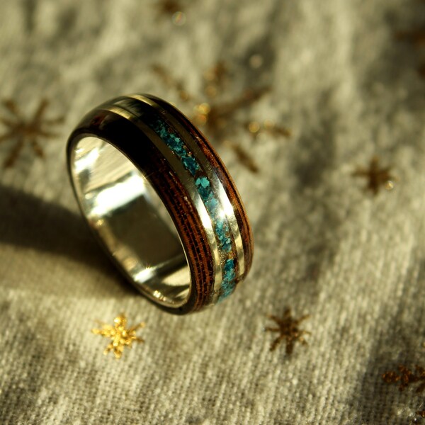 Wengé wood and turquoise ring on 925 silver ring