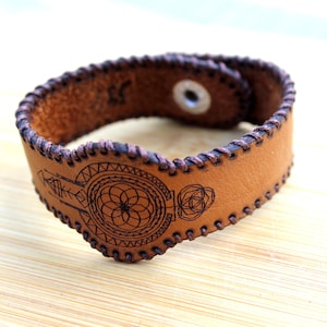 Flower of life engraved leather bracelet