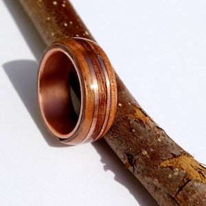 Bague bois d&#39;eucalyptus et filet d&#39;acajou sur anneau de cuivre