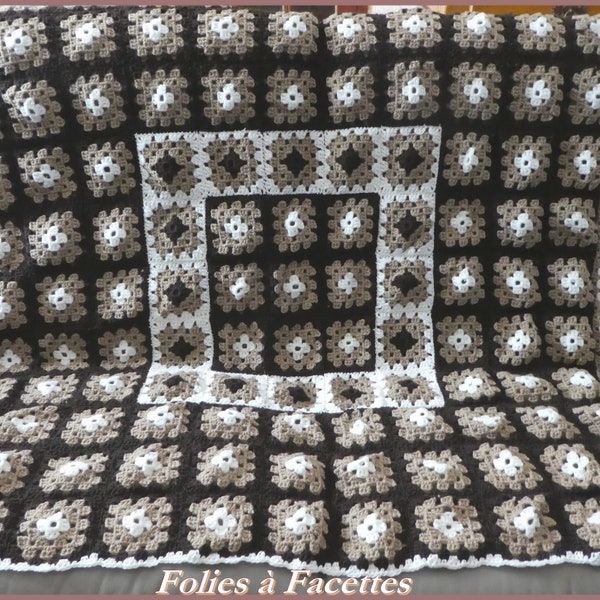 Couverture au crochet en carrés granny, plaid en laine style vintage, jeté de canapé au crochet en laine acrylique