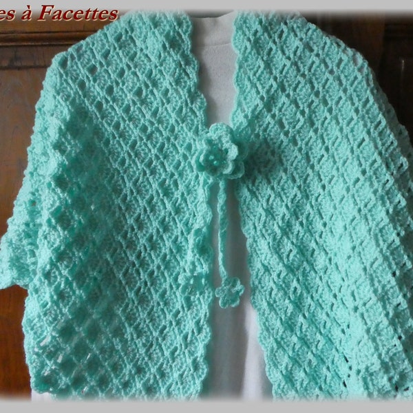 Châle au crochet en laine  aigue marine vert, cache épaules en laine acrylique, accessoire femme, étole, chale douceur,