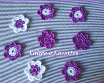 Fleurs violettes et blanches au crochet en coton, fleurs au crochet, accessoire à coudre, applique au crochet