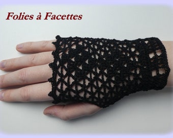 Mitaines courtes au crochet, mitaines dentelle noire en coton, mitaines femme, mitaines cérémonie