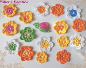 Crochet flowers and snail, assortment 16 mixed flowers and a snail, decoration, crocheted flowers for scrapbooking