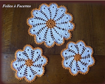 Napperons ronds par 3 au crochet, napperons blanc et orange au crochet, dessous de verre, décoration, attrape-rêves