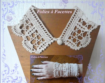 Parure: Col dentelle et manchettes au crochet, col claudine crochet et manchettes assorties,  col romantique manchettes au crochet