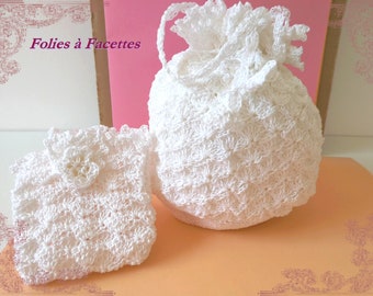 Bourse et pochette au crochet, aumonière romantique en coton blanc, bourse mariage, aumonière crochet, baptème, communion, accessoire mariée