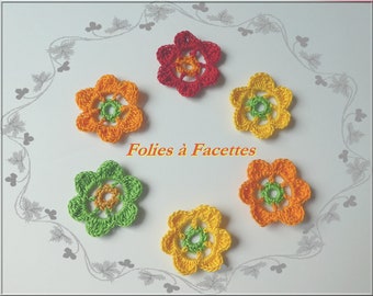 6 Fleurs colorées en mélange au crochet en coton