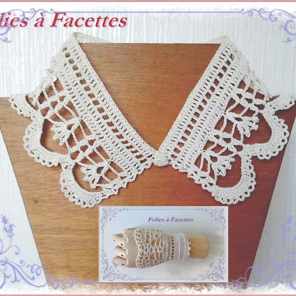 Col dentelle et manchettes au crochet, col claudine crochet et manchettes assorties,  col romantique manchettes au crochet, col au crochet