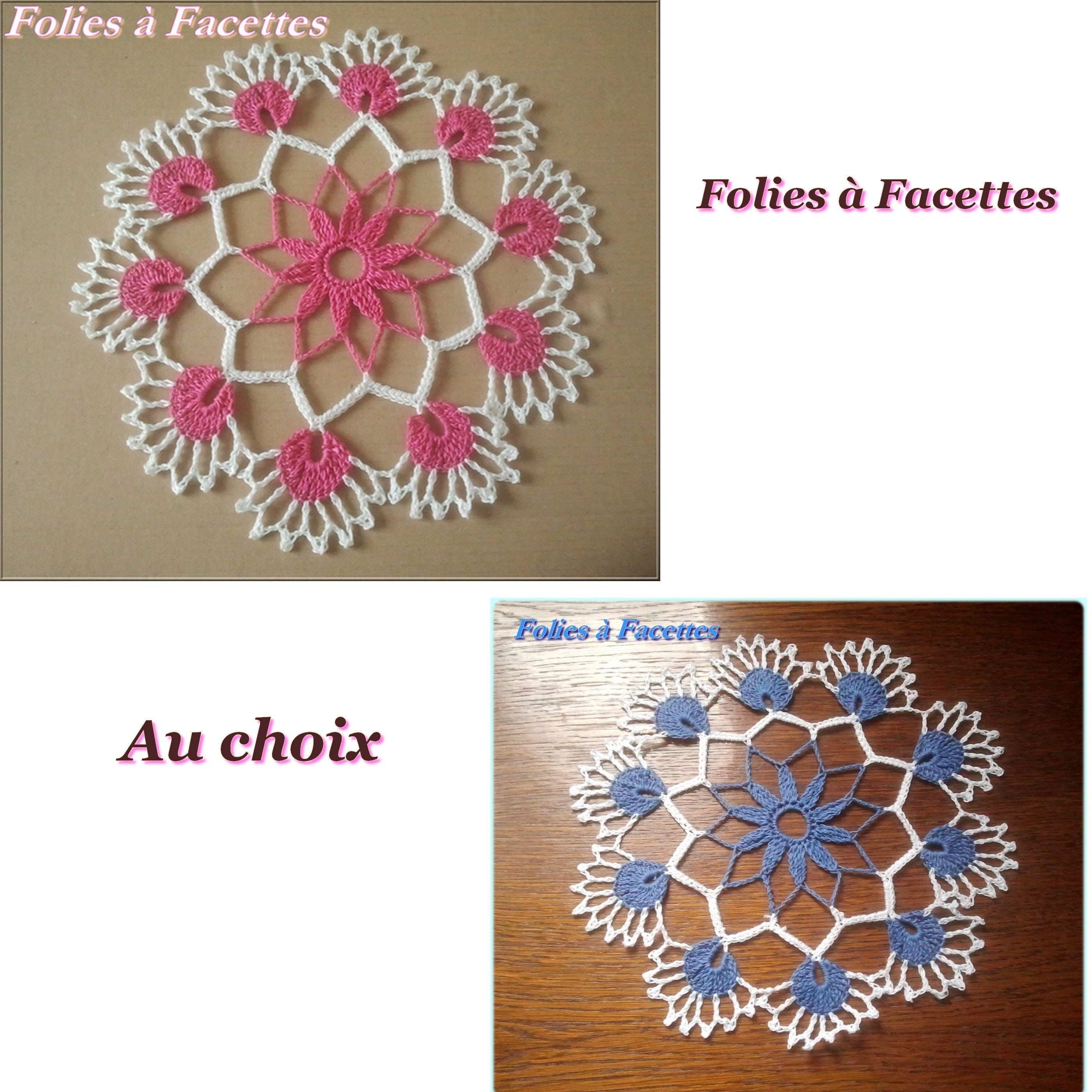 Napperon Rond Dentelle de Fleurs Blanches et Bleu Au Crochet