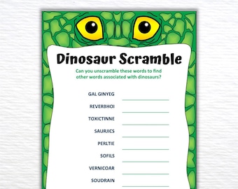 Printable Party Game Word Scramble Quiz for Kids Children Friends Fun Party Bags Activities School Simple Dinosaur Anagrams - DINOSAUR THEME