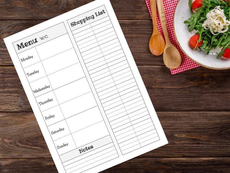 Printable Weekly Meal Menu Planner Organizer Simple Digital Instant PDF Download image 1