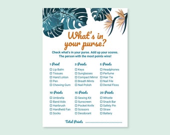 Whats In Your Purse Game Instant Download Printable for Hen Party Bachelorette Party Bridal Shower Engagement Party Family Friends Tropical