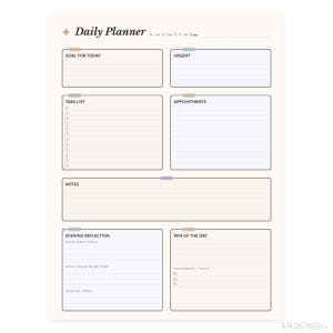 Op de afbeelding: Een dagplanner-blad met een crèmekleurige achtergrond en donkere tekst. Secties bevatten Goal for Today, Urgent, Task List met selectievakjes, Appointments, Notes, Evening Reflection met vragen, en Win of the Day met Tomorrow Top 3.