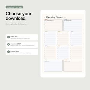 Pode incluir: Um modelo de planejador de limpeza digital intitulado Cleaning Sprints com seções para tarefas diárias, cozinha, banheiro, quarto, sala de estar, pisos, lavanderia, registro de tempo e concluído hoje, com caixas de seleção e campos.