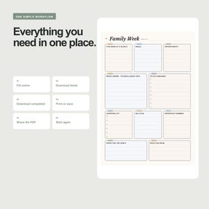 May include: A digital planner template titled Family Week with sections for meals, appointments, errands, and shopping lists. The layout includes six workflow steps: Fill online, Download blank, Download completed, Print or save, Share the PDF, and Start again.