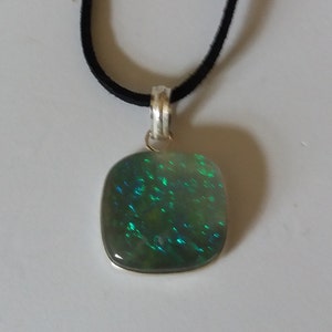 Sterling Silver Pendant, Simulated Black Opal Cushion Shape on Faux Suede Cord Necklet