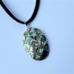 Sterling Silver Abalone Mosaic Oval Pendant (Paua shell) on Faux Suede Cord