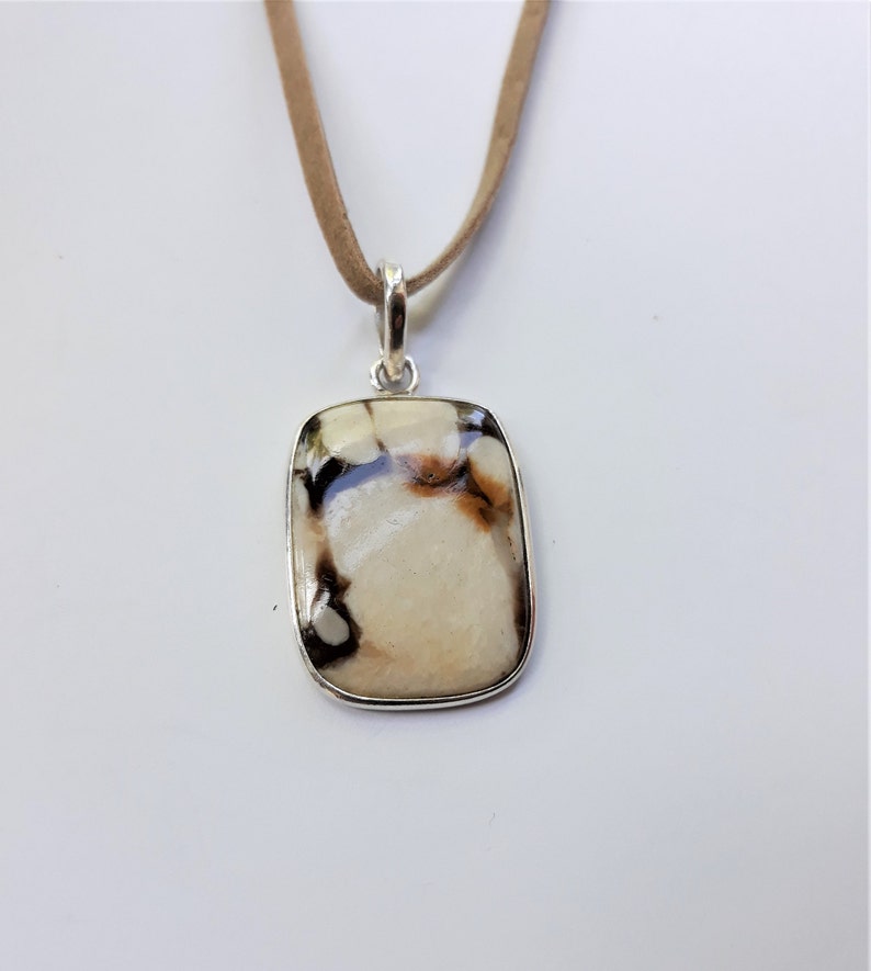 Cushion Shape Wood Jasper on Faux Suede Cord Sterling Silver Jasper Pendant