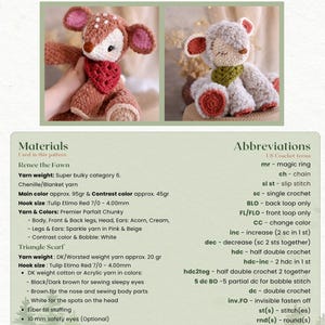 May include: A crochet pattern for "Renee the Fawn" is displayed, featuring two finished fawn plushies. The pattern details include yarn weight, hook size, and color specifications. The image also shows a list of abbreviations for crochet terms.