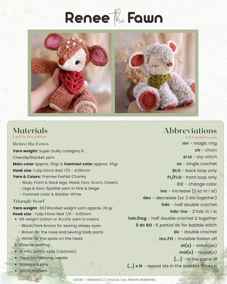 May include: A crochet pattern for "Renee the Fawn" is displayed, featuring two finished fawn plushies. The pattern details include yarn weight, hook size, and color specifications. The image also shows a list of abbreviations for crochet terms.