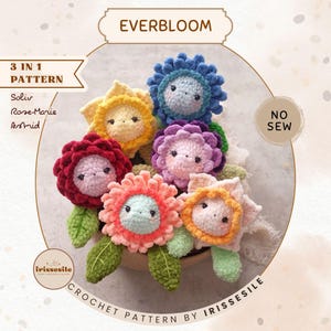 Crochet Flowers Pattern: Everbloom 3 in 1 |Daffodil, Rose, Gerbera Amigurumi Flowers tutorial (English PDF)