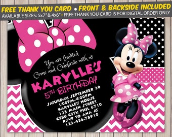 Minnie Mouse Invitation, Minnie Mouse Birthday Invitation, Minnie Mouse Birthday Party, Minnie Mouse Thank You Card, Personalized, Digital
