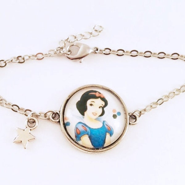 Bracelet à breloque, Cabochon Blanche-Neige, Princesse Disney, Conte de fées, Bijou Mignon, Fait-Main, Idée Cadeau Petite Fille, Cadeau Noël