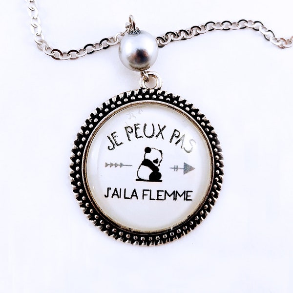 Collier Sautoir Acier Argenté, Pendentif Fantaisie, Panda Mignon, Je Peux pas j'ai la Flemme, Bijou Tendance & Original, Idée Cadeau Femme