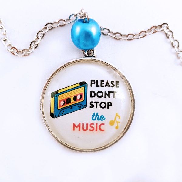 Collier Musique, Pendentif Chanson Pop, Please Don't Stop The Music, Paroles de Rihanna, Bijou Pop & Coloré, Chaîne Acier, Cadeau Original