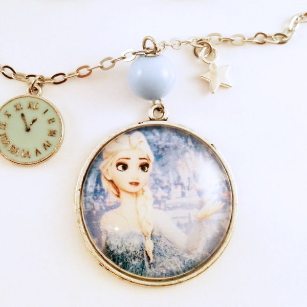 Collier Féerique, Elsa, Reine des Neiges, Princesse Disney, Enfantin, Breloque Horloge, Perle Bleue Pastel, Bijou Fantaisie, Idée Cadeau