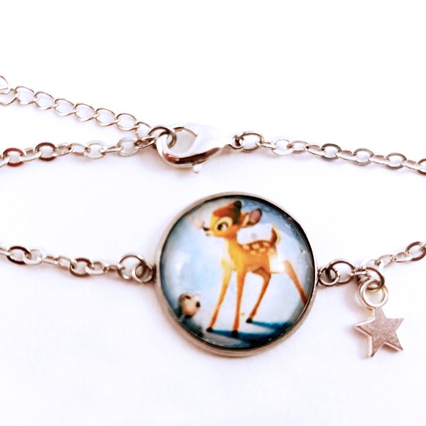 Bracelet Disney, Médaille Cabochon Bambi, Breloque Étoile, Chaîne Laiton Argentée, Idée Cadeau Petite Fille, Bijou Fantaisie Original