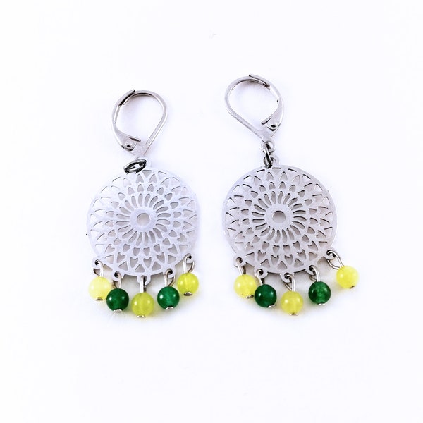 Boucles d'oreilles pendantes, Tendance Bohème, Rosace Argentée, Perles Vert Pomme & Vert Sapin, Bijou Fin et Coloré, Cadeau Femme Original