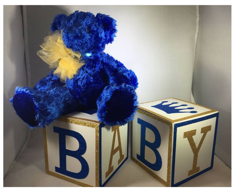 Royal Prince Baby Shower Centerpiece Blocks 4 Inch Blue & Gold Custom Decorative Blocks for Party Nursery Decor 画像 2