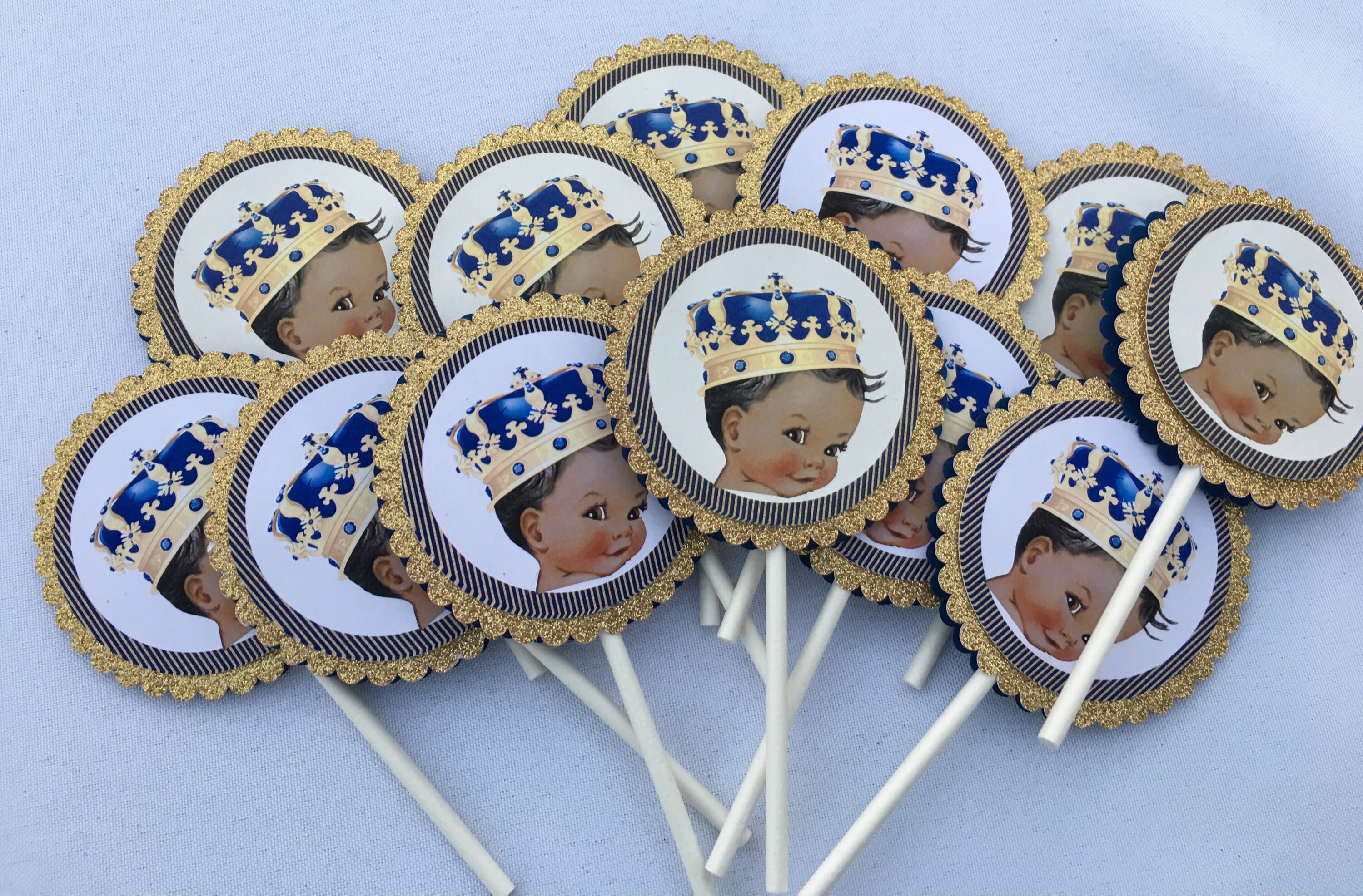 24 Blonde Royal Prince Boy Birthday Party Baby Shower Lollipop Sticker Blue Gold 