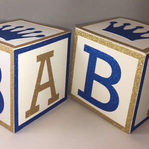 Royal Prince Baby Shower Centerpiece Blocks 4 Inch Blue & Gold Custom Decorative Blocks for Party Nursery Decor 画像 3