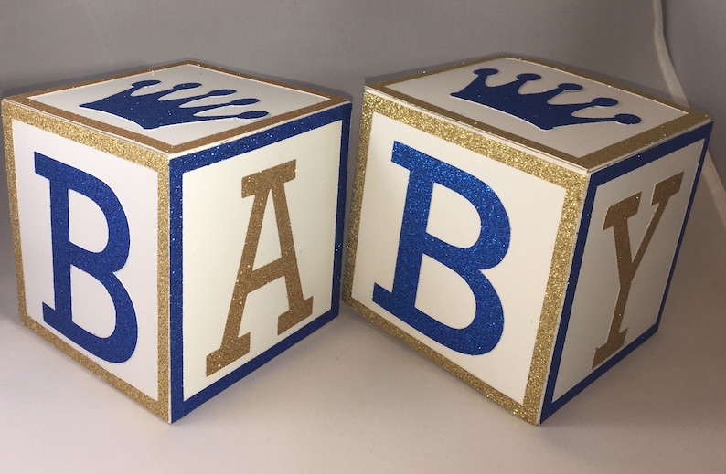 Royal Prince Baby Shower Centerpiece Blocks 4 Inch Blue & Gold Custom Decorative Blocks for Party Nursery Decor 画像 3