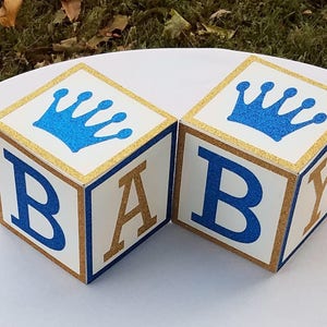 Royal Prince Baby Shower Centerpiece Blocks 4 Inch Blue & Gold Custom Decorative Blocks for Party Nursery Decor 画像 1