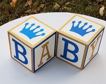 Royal Prince Baby Shower Centerpiece Blocks| 4 - Inch Blue & Gold Custom Decorative Blocks for Party Nursery Decor