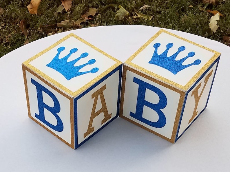 Royal Prince Baby Shower Centerpiece Blocks 4 Inch Blue & Gold Custom Decorative Blocks for Party Nursery Decor 画像 1