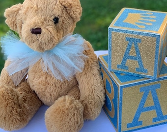 Baby Block Centerpiece for Boy Baby Shower, 2 Light Blue and Gold Table Centerpiece Blocks